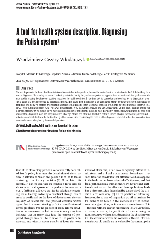 (PDF) A tool for health system description. Diagnosing the Polish system