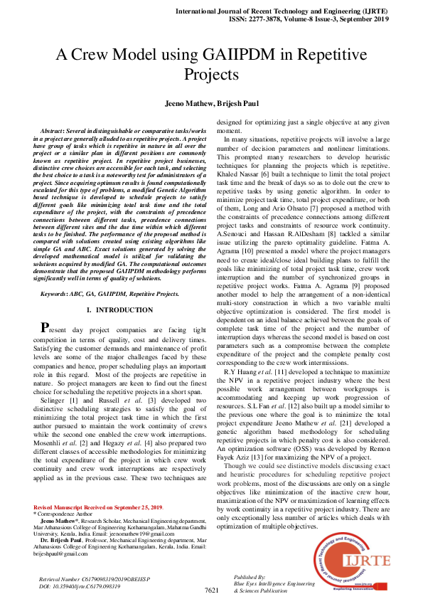 (PDF) A Crew Model using GAIIPDM in Repetitive Projects