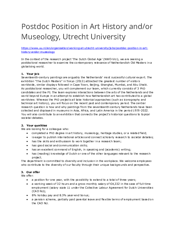 VACANCY: Postdoc Position in Art History and/ or Museology, Utrecht University
