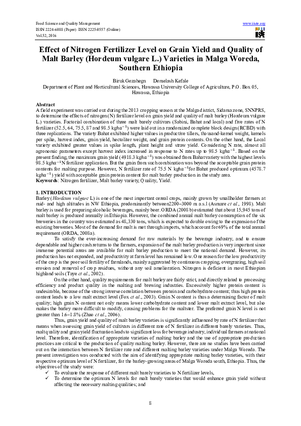 (PDF) Effect of Nitrogen Fertilizer Level on Grain Yield and Quality of ...