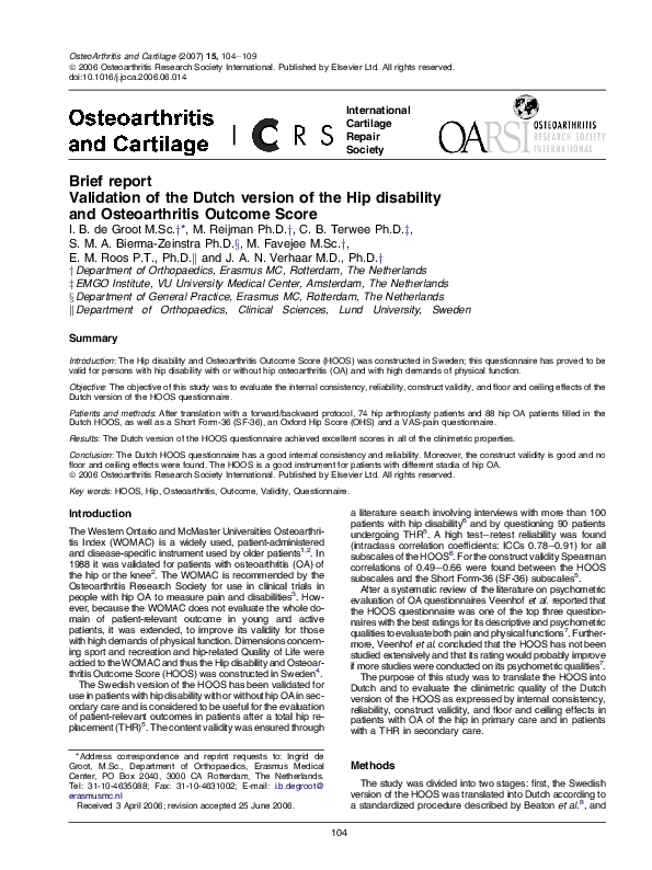 (PDF) Validation of the Dutch version of the Hip disability and ...