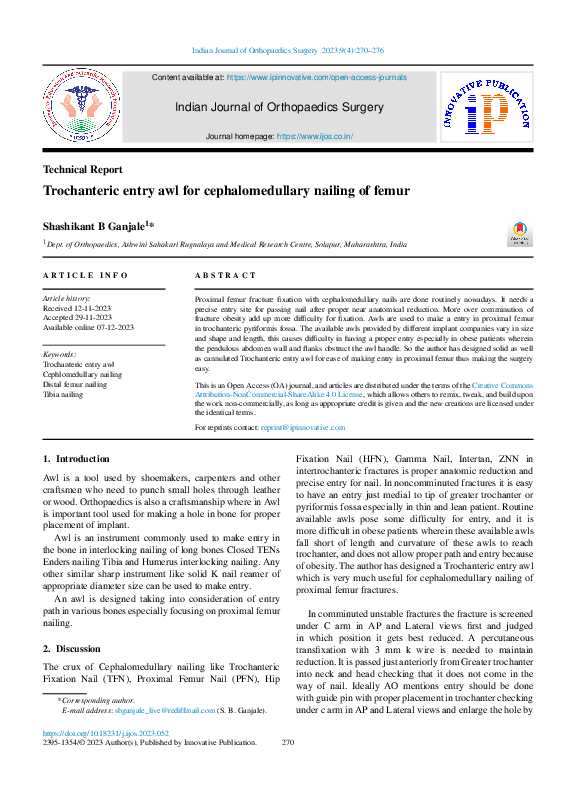 (PDF) Trochanteric entry awl for cephalomedullary nailing of femur