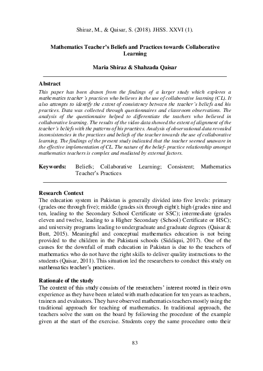 (PDF) Mathematics Teacher’s Beliefs and Practices towards Collaborative ...