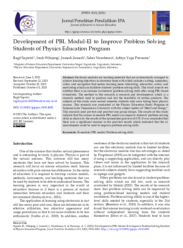 (PDF) Development of PBL Modul-El to Improve Problem Solving Students ...
