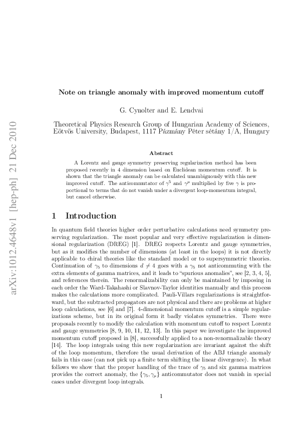 (PDF) Note on Triangle Anomaly with Improved Momentum Cutoff