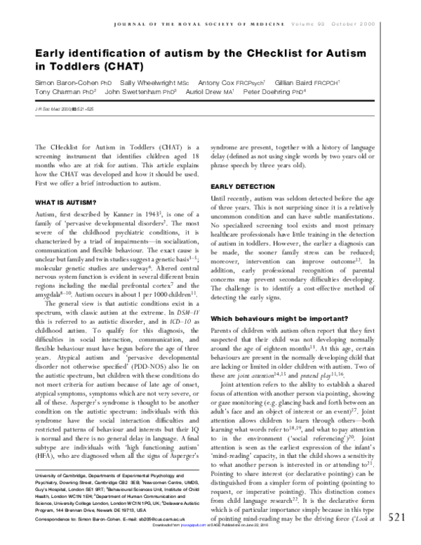 (PDF) Early identification of autism by the CHecklist for Autism in ...