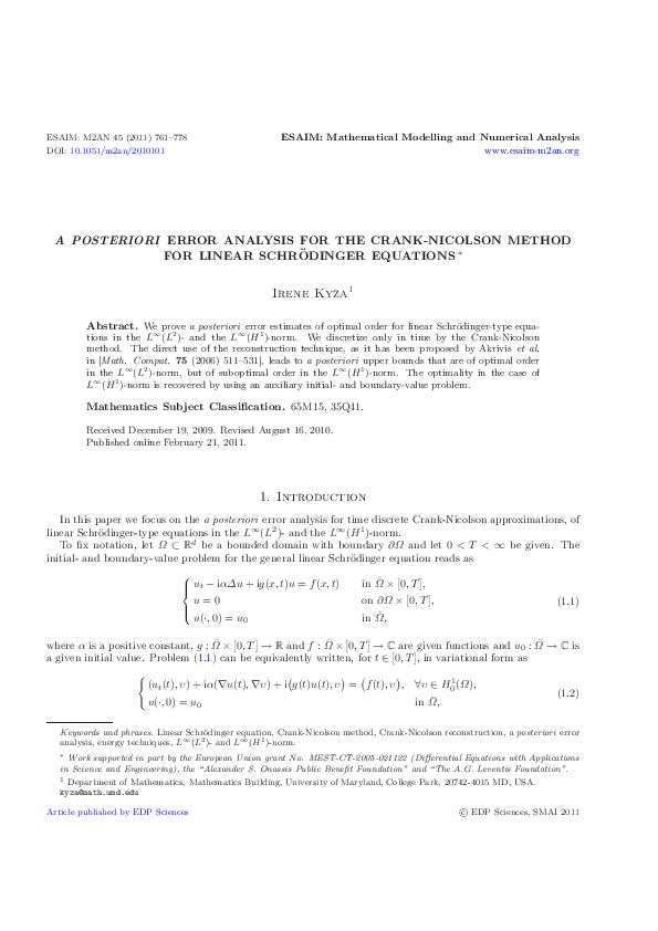 (PDF) A posteriori error analysis for the Crank-Nicolson method for ...