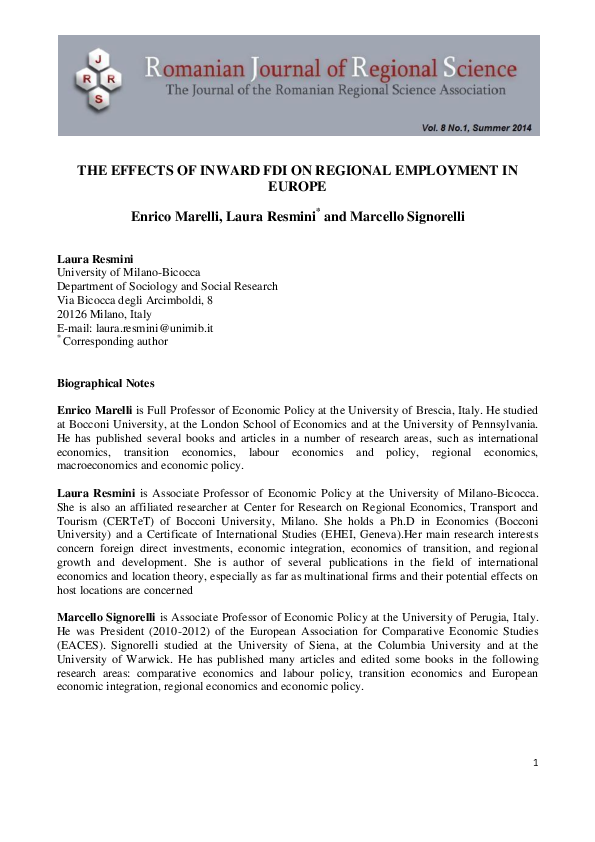 (PDF) The Effects of Inward Fdi on Regional Employment in Europe