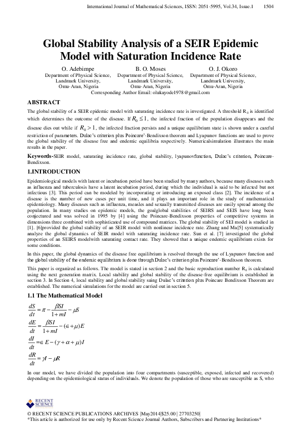 (PDF) Global Stability Analysis of a SEIR EpidemicModel with Saturation ...