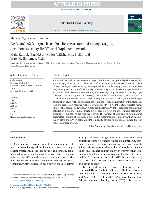 (PDF) AAA and AXB algorithms for the treatment of nasopharyngeal ...