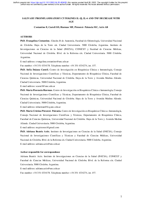 (PDF) Salivary Proinflammatory Cytokines IL-1β, IL-6 and TNF Decrease ...