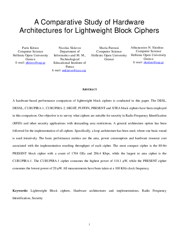 (PDF) A Comparative Study of Hardware Architectures for Lightweight ...