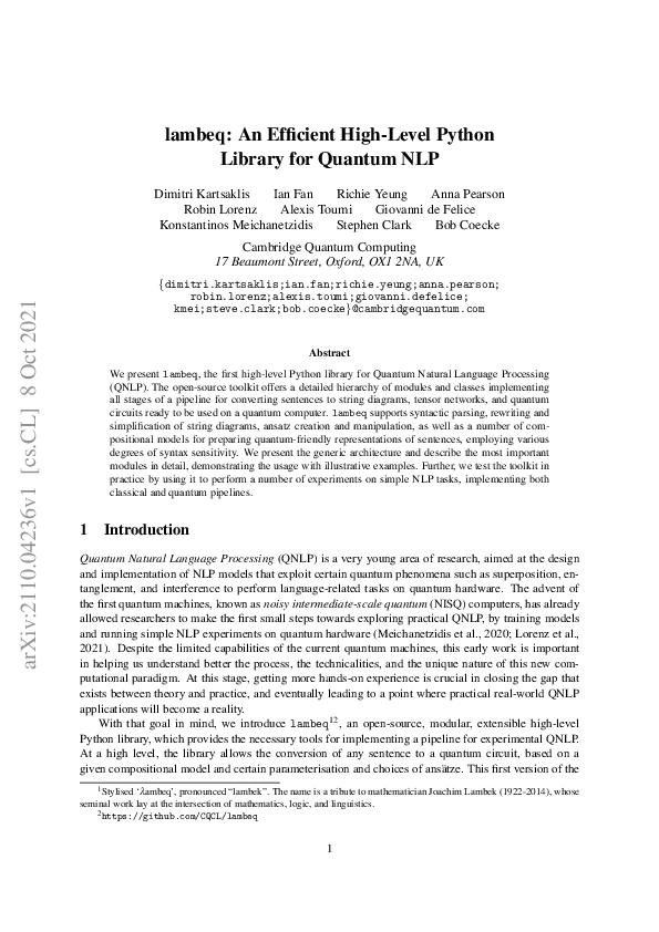 (PDF) lambeq: An Efficient High-Level Python Library for Quantum NLP