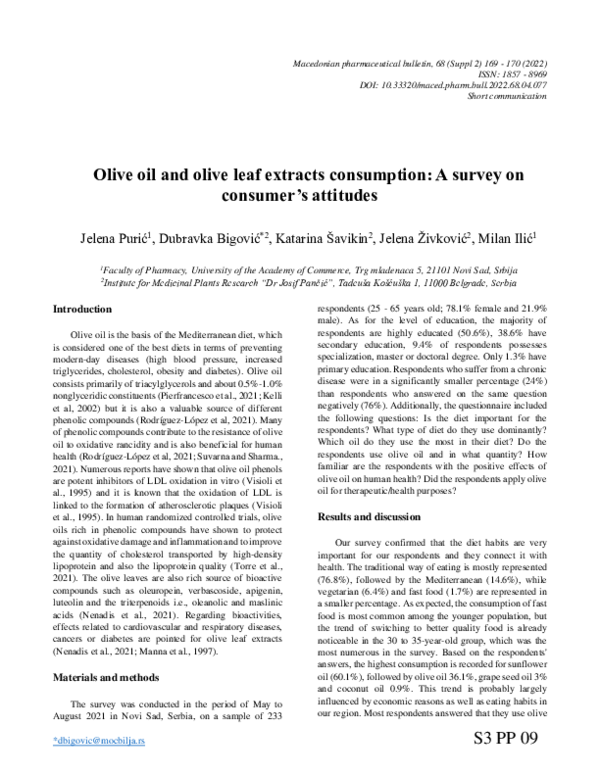 (PDF) Olive oil and olive leaf extracts consumption: A survey on ...