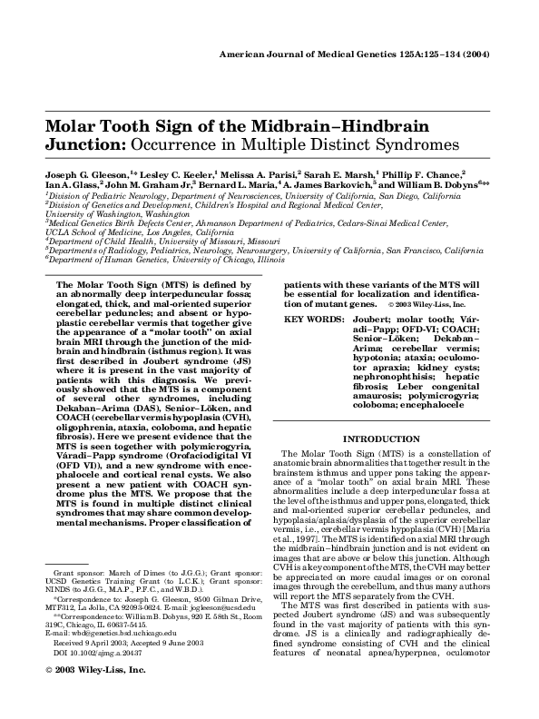 (PDF) Molar tooth sign of the midbrain-hindbrain junction: Occurrence ...