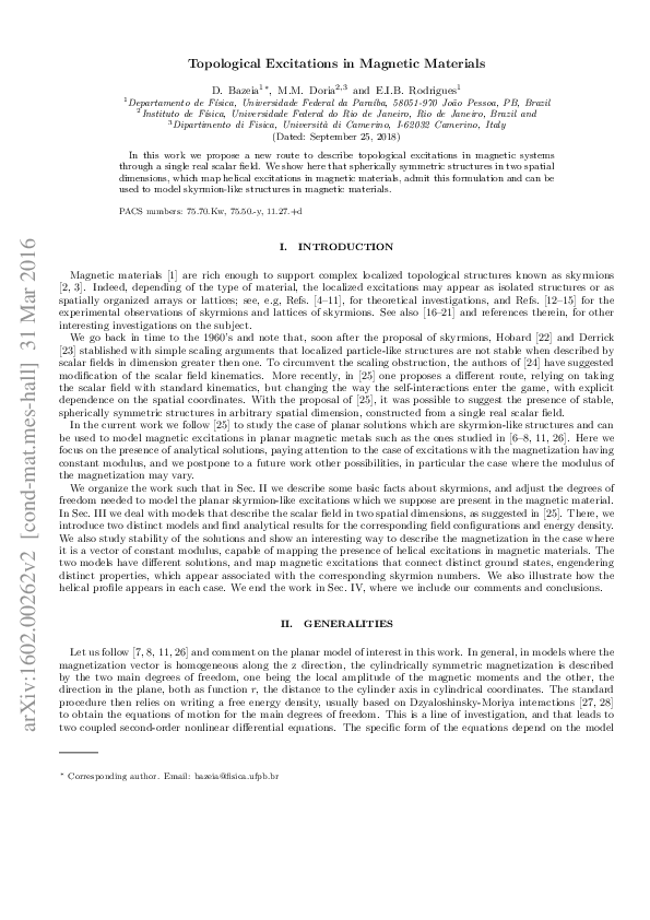 (PDF) Topological Excitations in Magnetic Materials