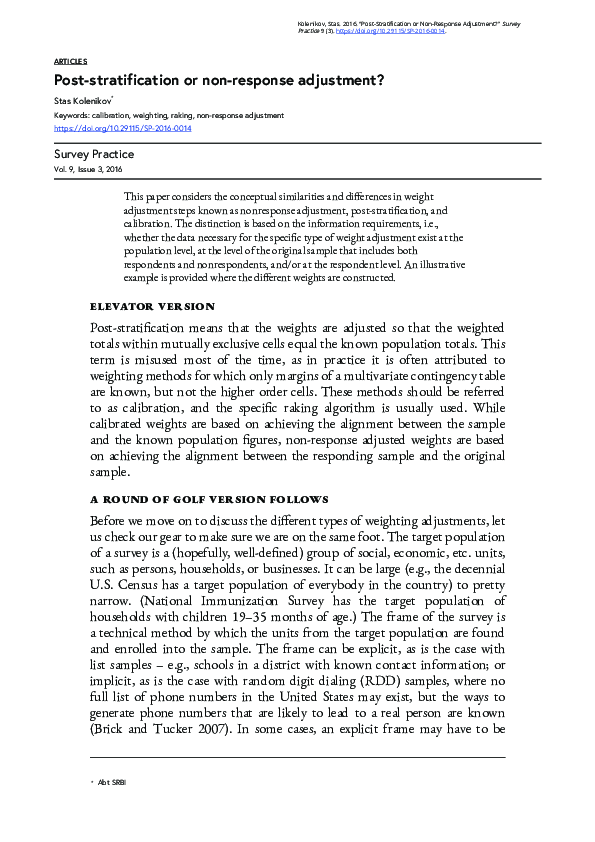 (PDF) Post-stratification or a non-response adjustment?