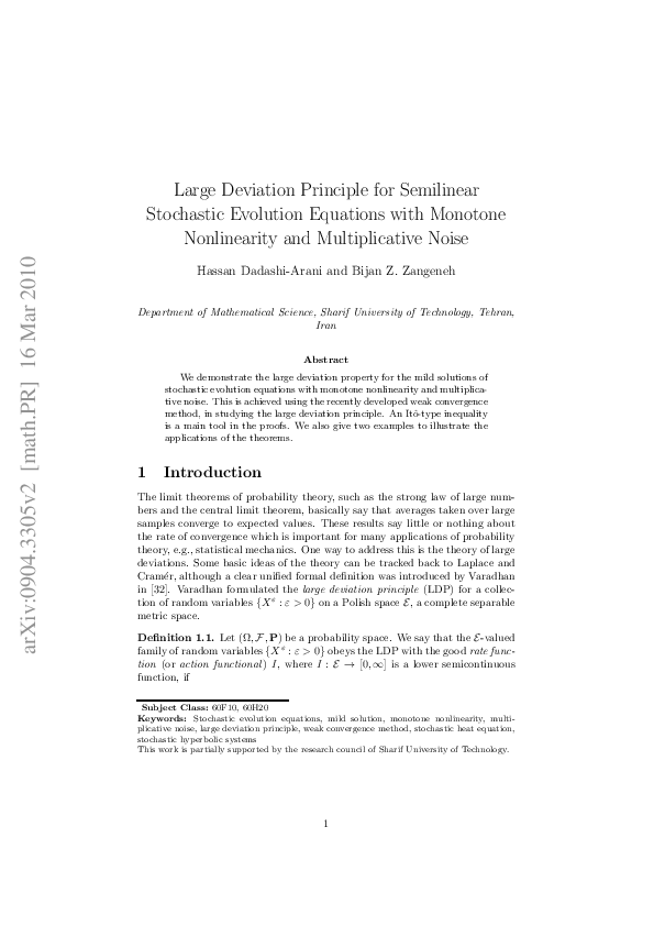 (PDF) Large deviation principle for semilinear stochastic evolution ...