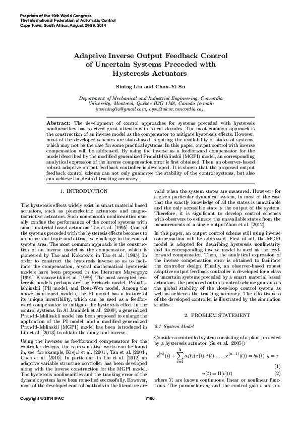 (PDF) Adaptive Inverse Output Feedback Control of Uncertain Systems ...