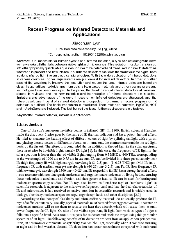 (PDF) Recent Progress on Infrared Detectors: Materials and Applications
