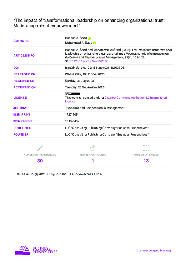 (PDF) The impact of transformational leadership on enhancing ...