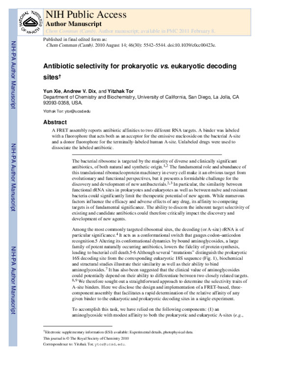 (PDF) Antibiotic selectivity for prokaryotic vs. eukaryotic decoding sites