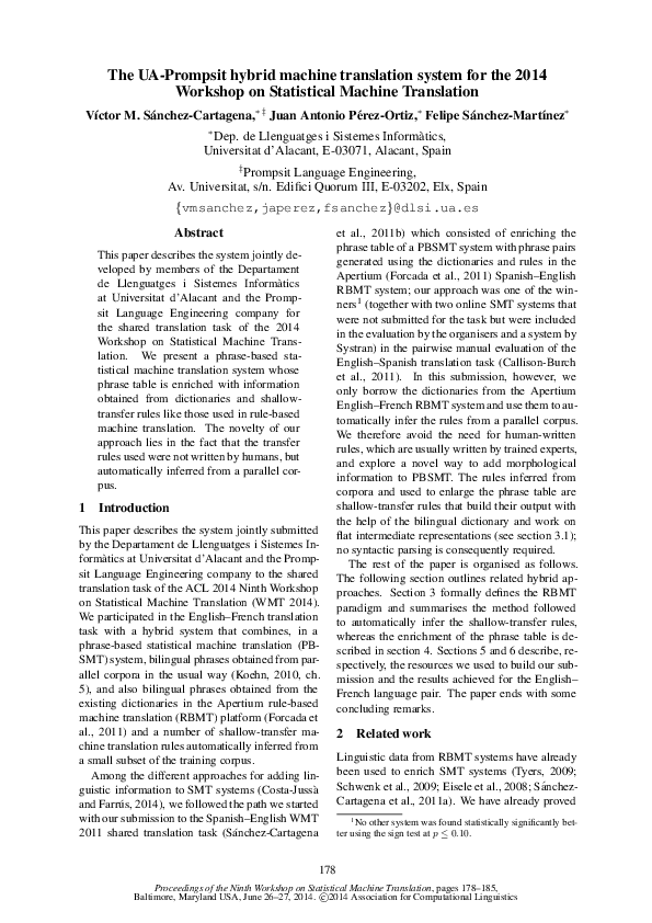 (PDF) The UA-Prompsit hybrid machine translation system for the 2014 ...