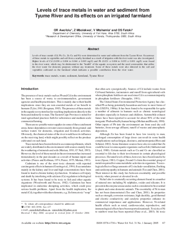 (PDF) Levels of trace metals in water and sediment from Tyume River and ...