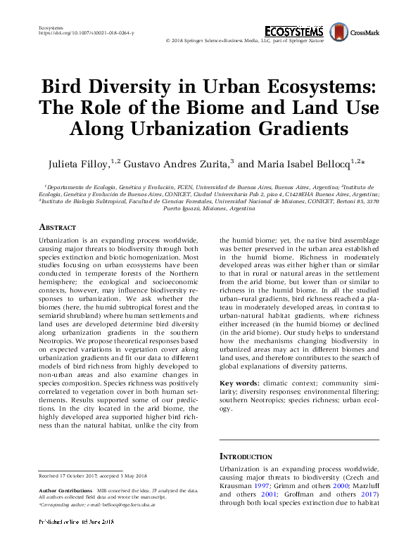 (PDF) Bird Diversity in Urban Ecosystems: The Role of the Biome and ...