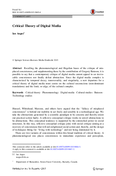 (PDF) Critical Theory of Digital Media