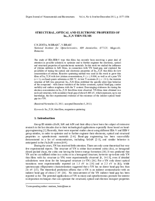 (PDF) STRUCTURAL, OPTICAL AND ELECTRONIC PROPERTIES OF In1-xYxN THIN FILMS