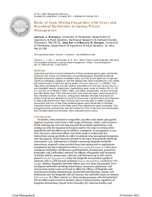 (PDF) Risks of Tank Mixing Fungicides with Grass and Broadleaf Herbicides in Spring Wheat