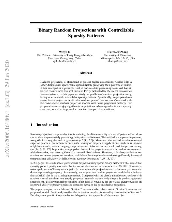 (PDF) Binary Random Projections with Controllable Sparsity Patterns