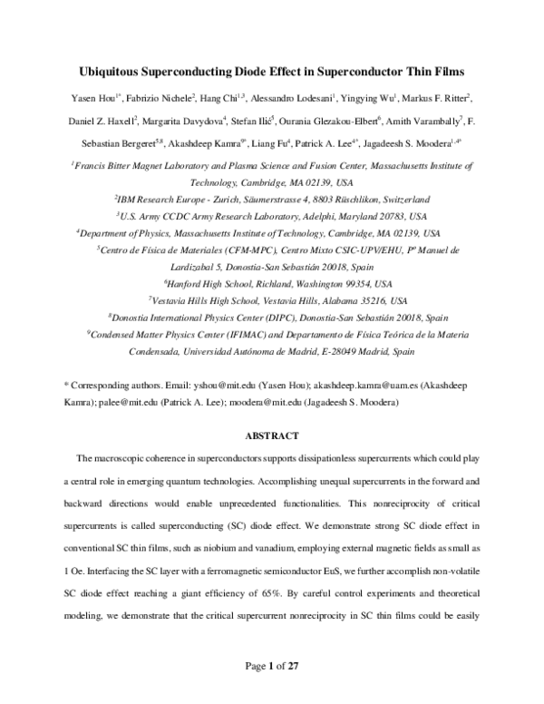 (PDF) Ubiquitous Superconducting Diode Effect in Superconductor Thin Films