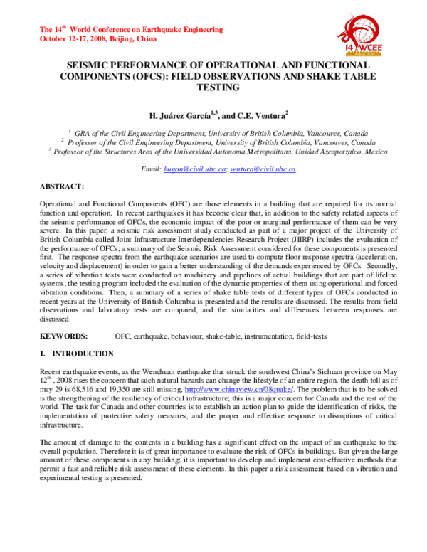 (PDF) Seismic Performance of Operational and Functional Components ...