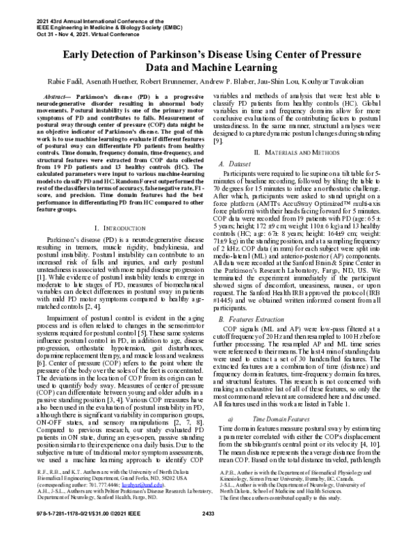 (PDF) Early Detection of Parkinson’s Disease Using Center of Pressure ...