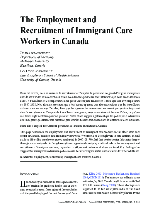 PDF) The Employment and Recruitment of Immigrant Care Workers in 