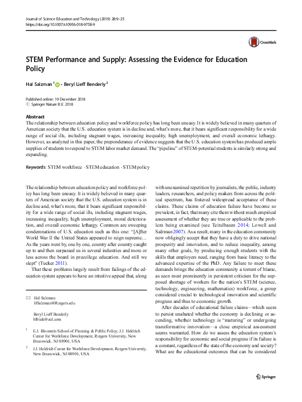 (PDF) STEM Performance and Supply: Assessing the Evidence for Education ...