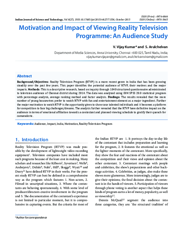 (PDF) Motivation and Impact of Viewing Reality Television Programme: An ...