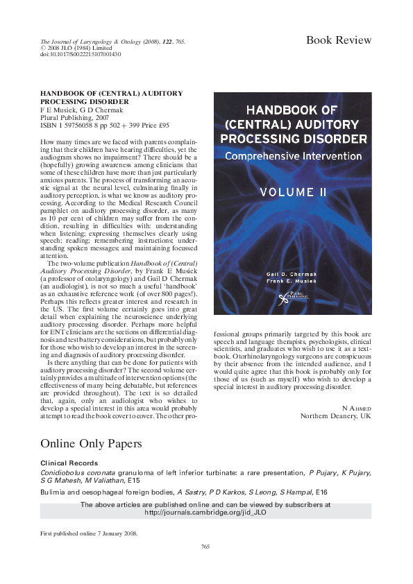 (PDF) Handbook of (central) auditory processing disorder