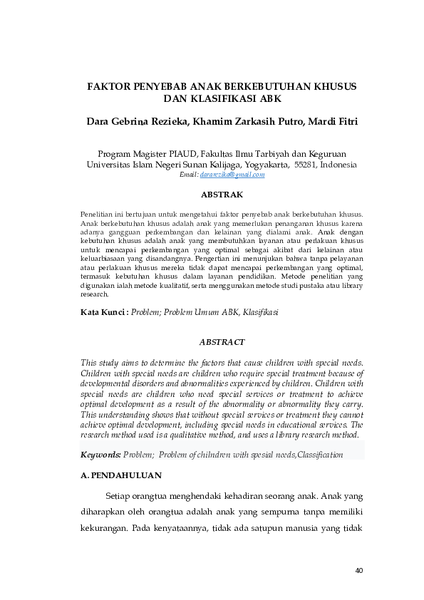 Pdf Faktor Penyebab Anak Berkebutuhan Khusus Dan Klasifikasi Abk