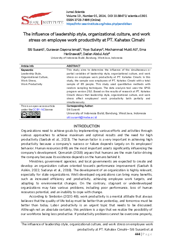 (PDF) The influence of leadership style, organizational culture, and ...