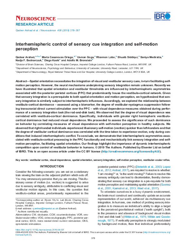 (PDF) Interhemispheric control of sensory cue integration and self ...