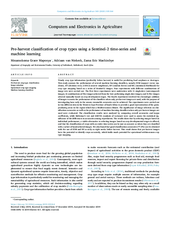(PDF) Pre-harvest classification of crop types using a Sentinel-2 time ...
