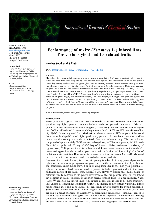 (PDF) Performance of maize (Zea mays L.) inbred lines for various yield ...