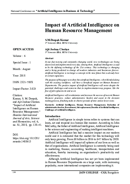 (PDF) Impact of Artificial Intelligence on Human Resource Management