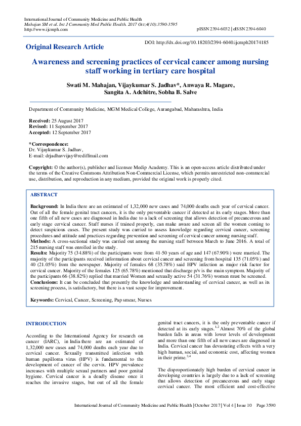 (PDF) Awareness and screening practices of cervical cancer among ...