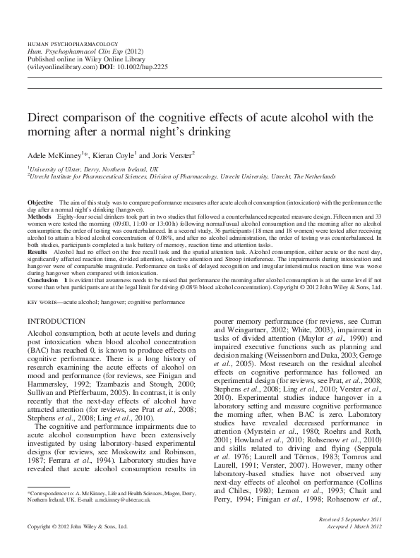 (PDF) Direct comparison of the cognitive effects of acute alcohol with ...