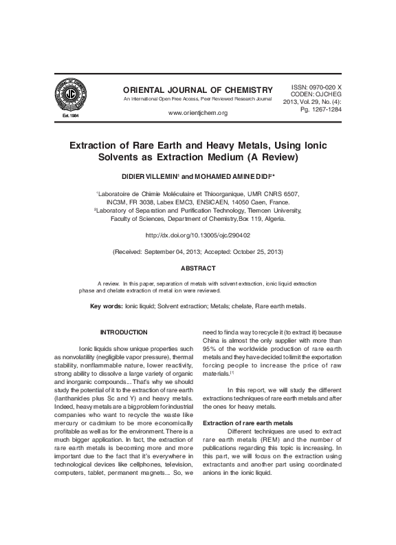 (PDF) Extraction of rare earth and heavy metals, using ionic solvents ...