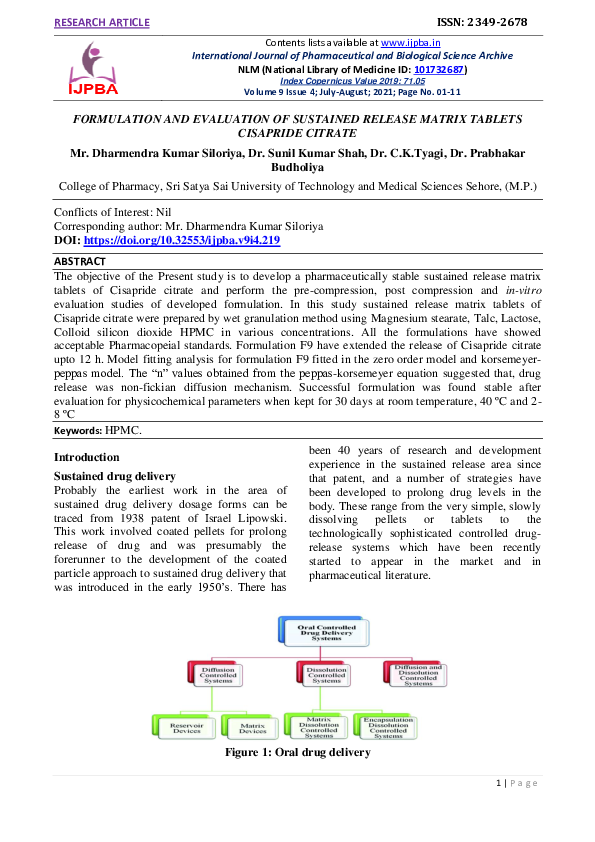 (PDF) Formulation and Evaluation of Sustained Release Matrix Tablets ...